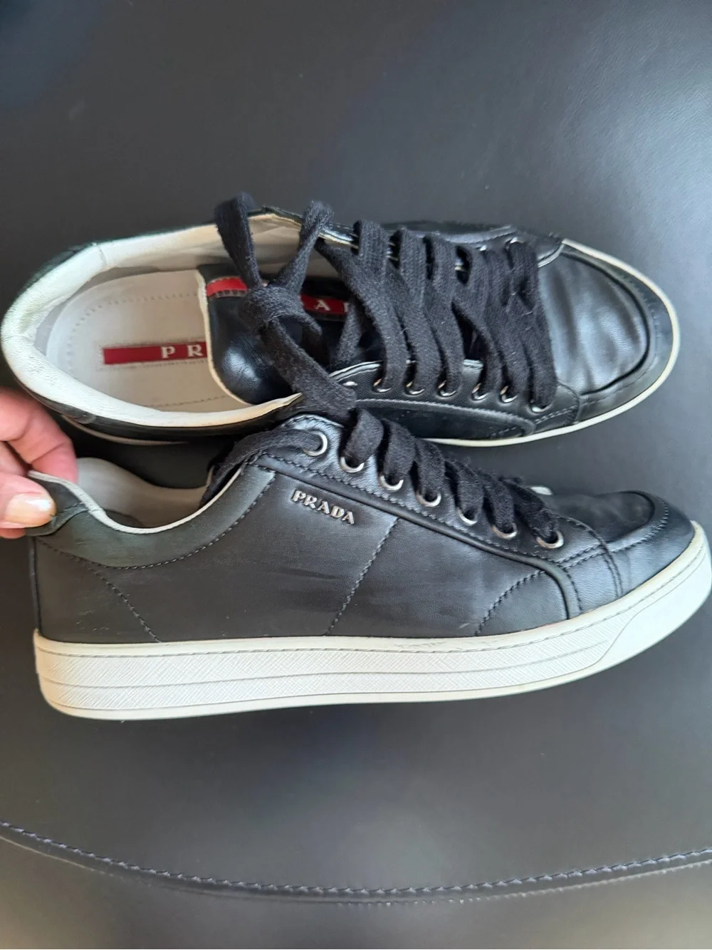 Prada Black Leather Low-Top Sneakers with White Trim